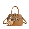 Brown litchi grain shell bag with silver ring decor and woven rope keychain pendant - Brown