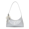 Sac hobo en similicuir gris clair brillant avec nœud en perles et pendentif cœur - Bleu + Pendentif Coeur Nœud Perle