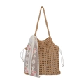 Borsa tote in crochet kaki fatta a mano con nastro in pizzo ricamato e fodera a coulisse - Cachi (Include Sciarpa)