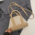 Secchiello chic in tela beige e pelle kaki con manici e tracolla per uso quotidiano - Cachi Piccolo (Senza Ciondolo)