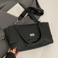 Minimalist black lychee pattern leather shoulder bag with wide fabric strap and silver lock - Black Large (Without Pendant)