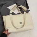 Chic cream white pebble leather office handbag with silver clasp and wide shoulder strap - White Large (No Charm)