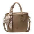 Light brown lychee texture bucket bag with a silk scarf and gold brand hardware - Khaki