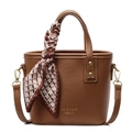Brown lychee pattern bucket bag with silk scarf handle and adjustable shoulder strap - Brown