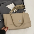 Minimalist beige pebble leather tote bag with silver twist lock and adjustable wide strap - Khaki Large (Without Pendant)
