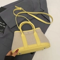 Fashionable yellow leather and beige woven bucket bag with contrast stitching and strap - Yellow Large (Without Pendant)