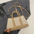Chic two-tone canvas bucket bag with brown leather trim and adjustable crossbody strap - Khaki Large (Without Pendant)