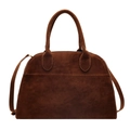 Classic dark coffee suede handbag with top handles and a detachable shoulder strap - Small / Brown