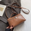 Brown ostrich embossed handbag in mini box style with silver zippers and shoulder strap - Brown - Without Pendant