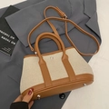 Chic beige canvas and brown leather bucket bag with top handles and shoulder strap - Brown Large (Without Pendant)