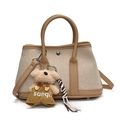 Fashionable canvas and leather tote bag with brown handles and a cute bear charm - Khaki Large With Plush Puppy