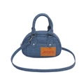 Mini sac bowling en denim bleu avec écusson en cuir et bandoulière réglable pratique - Bleu foncé