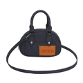 Mini sac bowling en denim foncé avec étiquette en cuir et bandoulière amovible pour femme - Noir