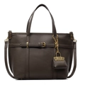 Dunkelkaffeebraune Handtasche mit Lychee-Textur, Golddetails und Mini-Taschenanhänger - Grau