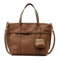 Brown litchi grain leather handbag with gold buckle and mini purse charm detail - Brown
