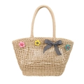 Bolso capazo de paja tejida en color crema con flores de tela de colores y un lazo - Beige