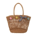 Bolso de paja tejida en color tostado con detalles florales y lazo de cuadros - Caqui