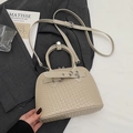 Beige woven leather shell bag with handle and adjustable shoulder strap for women - No Pendant / Light Khaki