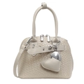 Cream-white woven shell handbag with heart charm and detachable shoulder strap - Heart Pendant / Light Khaki