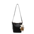 Minimalist black litchi pattern bucket bag with cute bear charm and adjustable strap - Black With Bear Charm