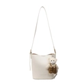 Beige lychee texture bucket bag with a cute bear charm and thin shoulder strap - Off-white With Bear Charm