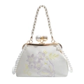 Elegante borsa bianca ricamata con fiori viola e tracolla di perle per cheongsam - Bianco