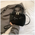 Chic black lychee grain shell bag with silver chain detail and detachable strap - Black