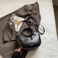 Minimalist black leather bucket bag with silver lettering and round handle for women - Black without Pendant