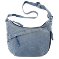 Hellblaue gewaschene Denim-Umhängetasche in Halbmondform mit mehreren Taschen und Kordel - Vintage-Blau
