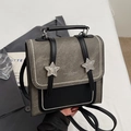 Sac à dos rétro en denim gris et cuir noir avec ornements métalliques en forme d'étoile - Sans Pendentif / Brun Foncé