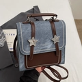 Mini sac à dos Y2K vintage en denim et cuir marron avec boucles en métal étoilé - Sans Pendentif / Bleu Denim