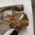 Metallic gold crescent handbag with pleated texture and stylish curved top handle - Gold