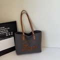 Grande borsa tote in tela grigio scuro con manici in pelle marrone e ricamo vintage - Marrone Scuro
