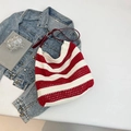 Grande borsa tote intrecciata a righe bianche e rosse con tracolla in pelle regolabile - Rosso