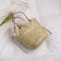Borsa a secchiello in paglia intrecciata con nastro di pizzo floreale e manici marroni - Stile 1 (Con Fiocco in Pizzo Ricamato)