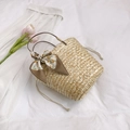 Borsa a secchiello in paglia intrecciata beige naturale con nastro floreale e coulisse - Stile 2 (Con Decorazione Sciarpa Floreale)