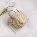 Borsa a secchiello in paglia beige con sciarpa floreale e tracolla in perle chic - Stile 3 (Con Sciarpa e Ciondolo in Perla Artificiale)
