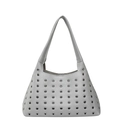 Silver grey faux leather shoulder bag with industrial metal eyelets and lychee texture - Small Eyelet / Silver