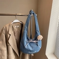 Blue striped denim shoulder bag with pink bow and Aurora embroidery and dog pendant - Light Blue With Pendant