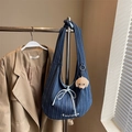 Blue striped denim hobo bag with Aurora print and cute puppy plush pendant - Dark Blue With Pendant