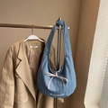 Blue vertical striped canvas hobo bag with pink bow and Aurora logo detail - Light Blue Without Pendant
