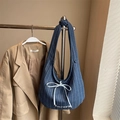 Blue striped denim underarm bag with white bow and Aurora lettering detail - Dark Blue Without Pendant
