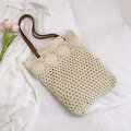 Chic beige straw tote bag with crochet floral pattern and brown leather straps - Off-white