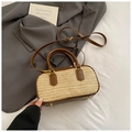 Fashionable straw weave crossbody bag with brown leather accents and gold hardware - Cocoa Brown