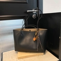 Large black leather commuter tote bag with unique decorative charms and interior lining - With Pendant / Black