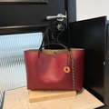 Large capacity dark red leather tote bag with stylish wooden pendant for women - With Pendant / Red