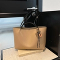 Large khaki leather tote bag with long black straps and decorative tassel charms - With Pendant / Khaki