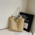 Large straw woven tote bag in light brown with white cotton rope handles for summer beach - Khaki