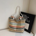 Colorful striped woven tote bag with white cotton rope handles for summer beach vacations - Multi-Color Geometric Stripe
