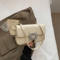 Elegant cream patent leather square shoulder bag with sparkling rhinestone buckle - Off White